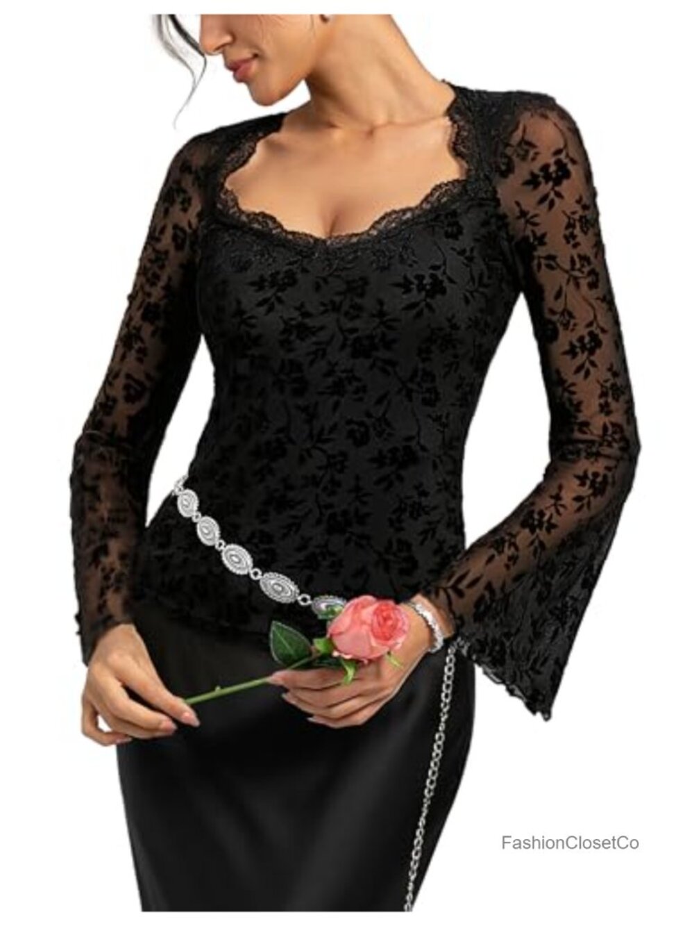 Mesh Long Sleeve Top Women Lace Gothic Date Night Square Neck Flared Sleeve